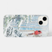 Red Cardinal Bird Winter Snow Frosty Trees Forest iPhoneケース (裏面横)