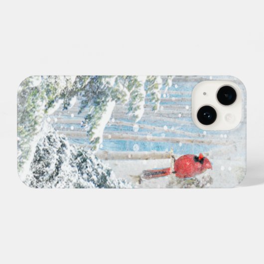 Red Cardinal Bird Winter Snow Frosty Trees Forest iPhoneケース (裏面横)