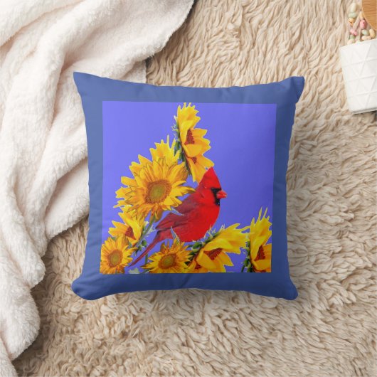 RED CARDINAL BIRD YELLOW SUNFLOWERS ART クッション (ブランケット)