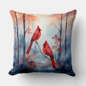 Red Cardinal Birds in a Misty Forest クッション (正面)