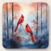 Red Cardinal Birds in a Misty Forest コースター (正面)