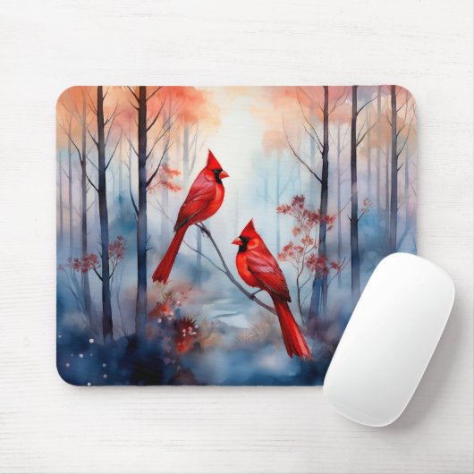 Red Cardinal Birds in a Misty Forest マウスパッド (マウス)