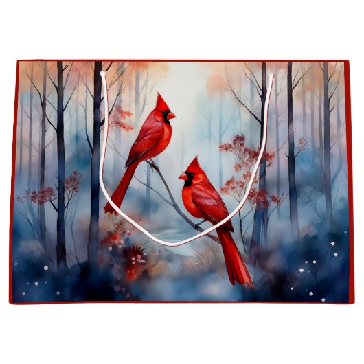 Red Cardinal Birds in a Misty Forest ラージペーパーバッグ (正面)