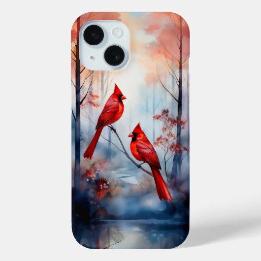 Red Cardinal Birds in a Misty Forest Case-Mate iPhoneケース (裏面)