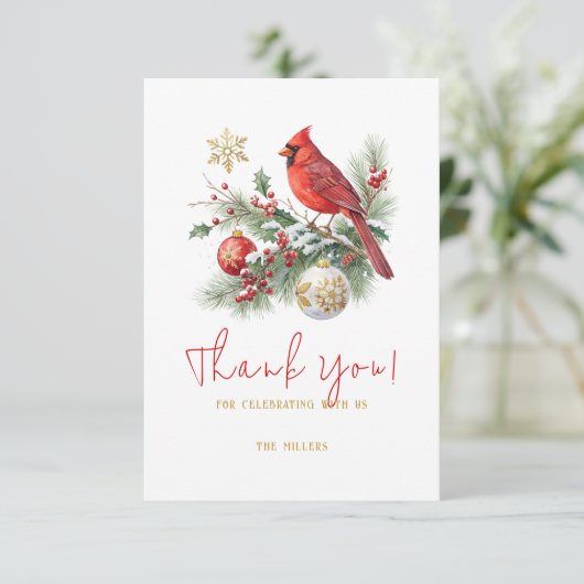 Red Cardinal Christmas Bouquet Personalized Text  サンキューカード (スタンド正面)