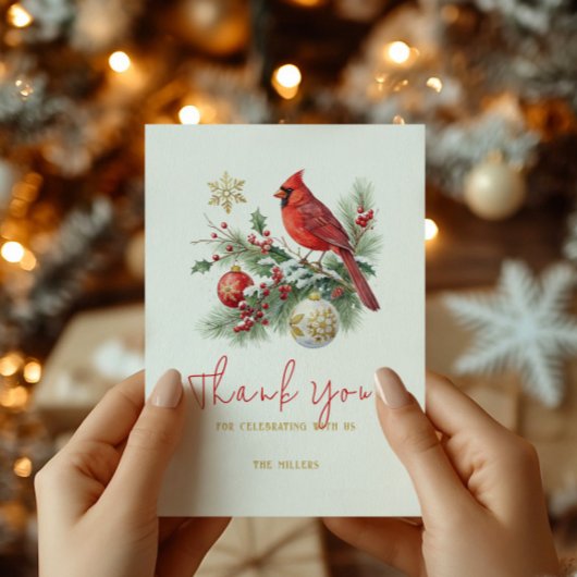 Red Cardinal Christmas Bouquet Personalized Text  サンキューカード