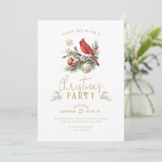 Red Cardinal Christmas Holly Bouquet Party Invite 招待状 (スタンド正面)