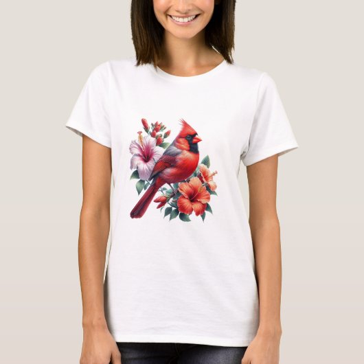 Red Cardinal & Hibiscus Vibrant Floral Bird Tシャツ (正面)