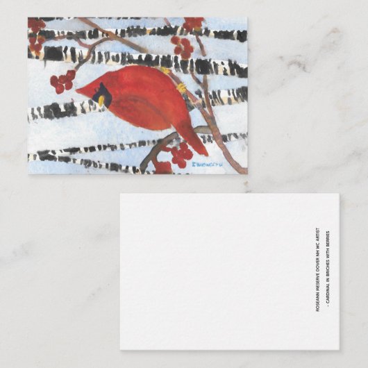 RED CARDINAL IN WHITE BIRCHES WITH BERRIES ノートカード (正面/裏面)
