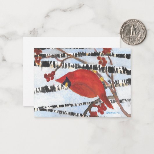 RED CARDINAL IN WHITE BIRCHES WITH BERRIES  ノートカード (正面/裏面インサイチュ)