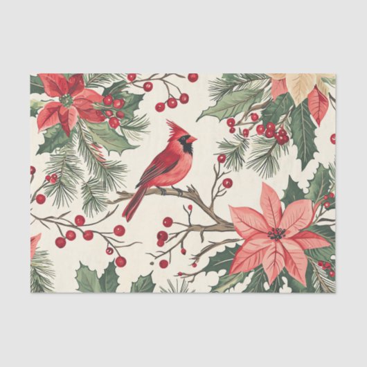 Red Cardinal on a Branch with Poinsettias 薄葉紙 (正面)
