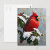 Red Cardinal on Snowy Holly ポストカード (正面/裏面)
