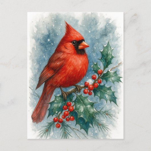 Red Cardinal on Winter Holly Christmas Postcard シーズンポストカード (正面)