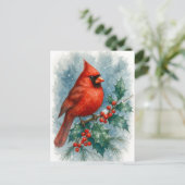 Red Cardinal on Winter Holly Christmas Postcard シーズンポストカード (スタンド正面)