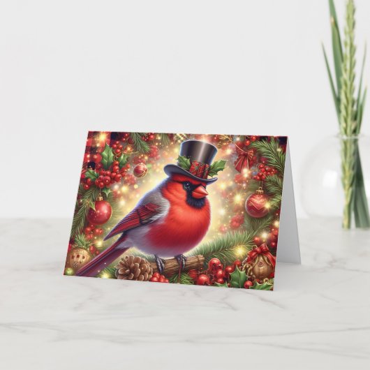 Red Cardinal wearing Top Hat Christmas シーズンカード (正面)