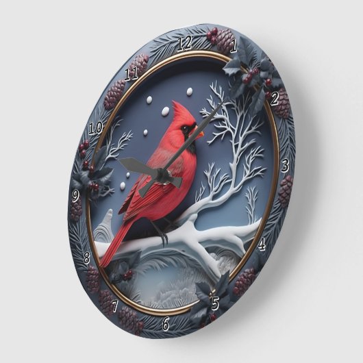 Red Cardinal Winter Snow ラージ壁時計 (傾斜)