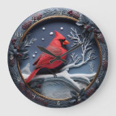 Red Cardinal Winter Snow ラージ壁時計 (正面)