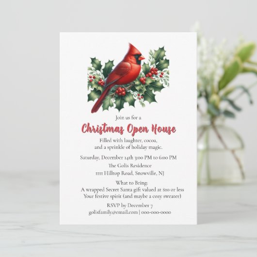Red Cardinal with Holly Christmas  Open House  招待状 (スタンド正面)