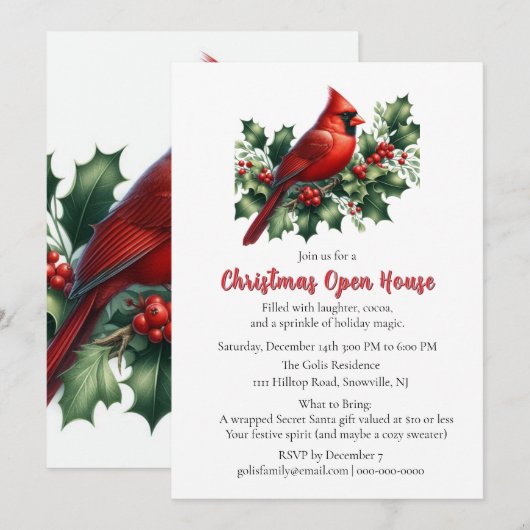 Red Cardinal with Holly Christmas  Open House  招待状 (正面/裏面)