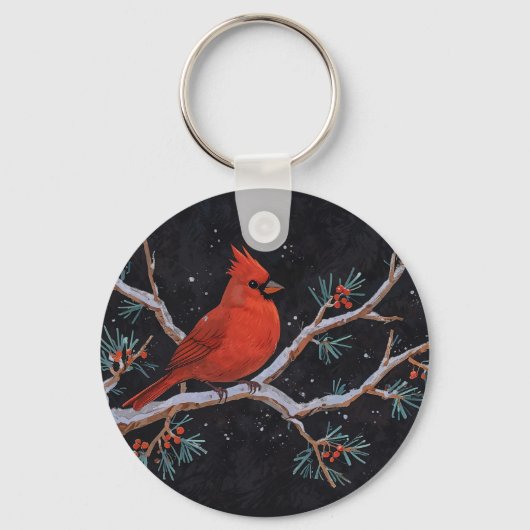 Red Cardinal with Winter Red Berries キーホルダー (正面)