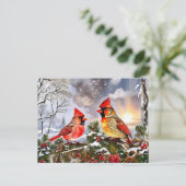 Red Cardinals with Wild Berries Winter Landscape シーズンポストカード (スタンド正面)