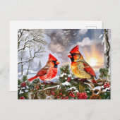 Red Cardinals with Wild Berries Winter Landscape シーズンポストカード (正面/裏面)