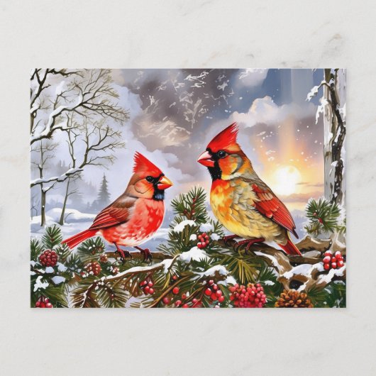 Red Cardinals with Wild Berries Winter Landscape シーズンポストカード (正面)