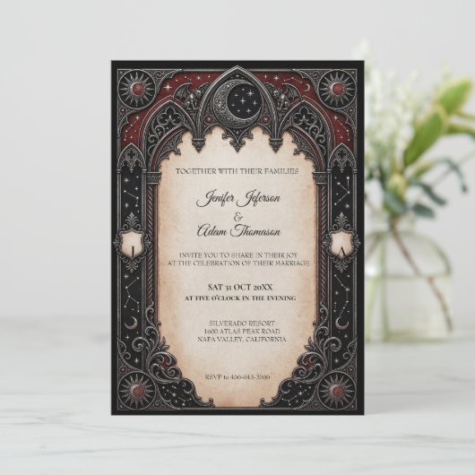 Red Celestial Gothic Wedding Invitation 招待状 (スタンド正面)