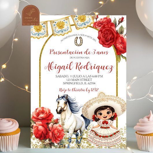 Red Charra Rose Girl Presentacion de 3 anos Invita 招待状