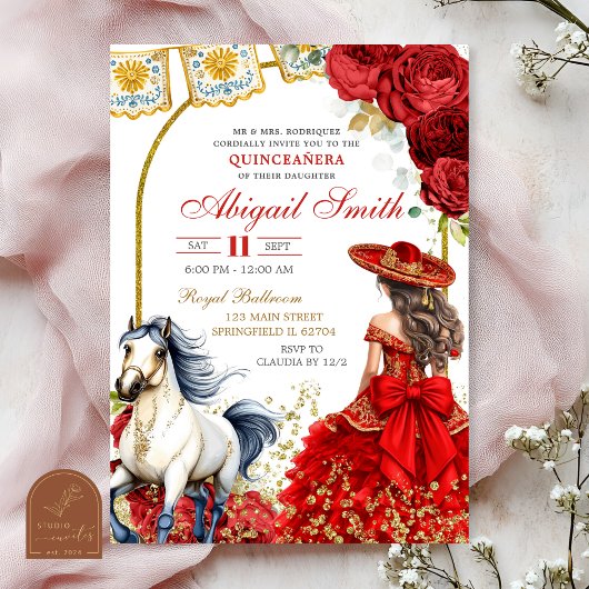 Red Charra Rose Quinceanera Invitation 招待状