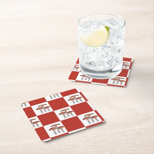 Red check with mushroom スクエアペーパーコースター (インサイチュ)