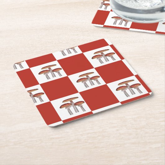 Red check with mushroom スクエアペーパーコースター (アングル)