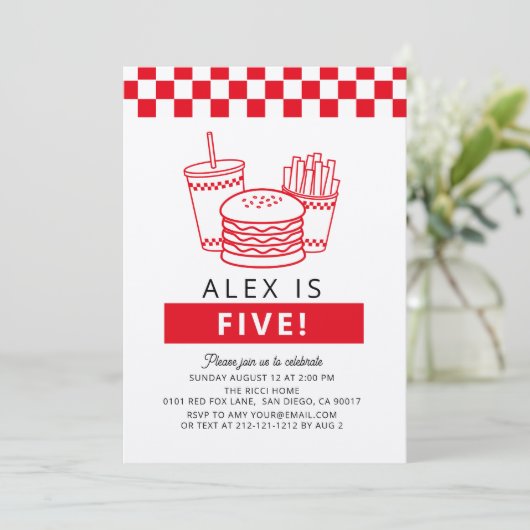 Red Checker Hamburger Boy Birthday 招待状 (スタンド正面)