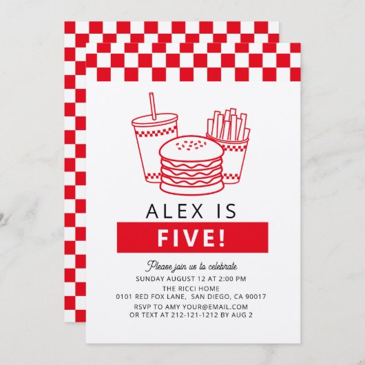 Red Checker Hamburger Boy Birthday 招待状 (正面/裏面)