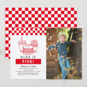 Red Checker Hamburger Photo 5th Birthday 招待状 (正面/裏面)