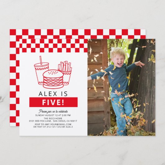 Red Checker Hamburger Photo 5th Birthday 招待状 (正面/裏面)