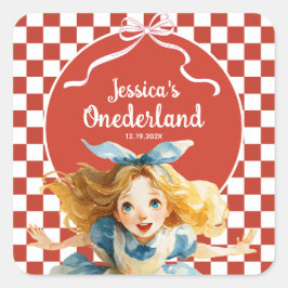 Red Checkered Alice in ONEDERLAND 1st Birthday  スクエアシール