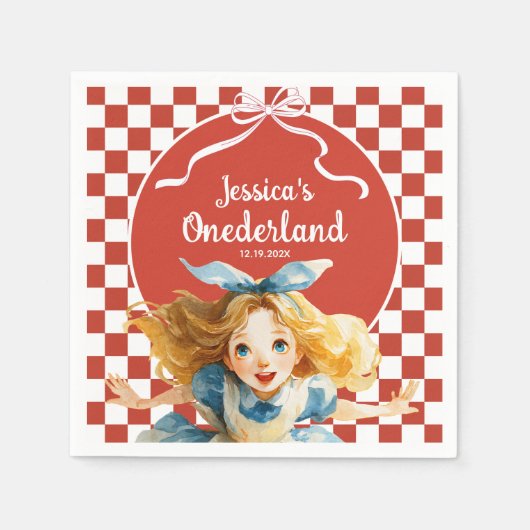 Red Checkered Alice in ONEDERLAND 1st Birthday スタンダードカクテルナプキン (正面)