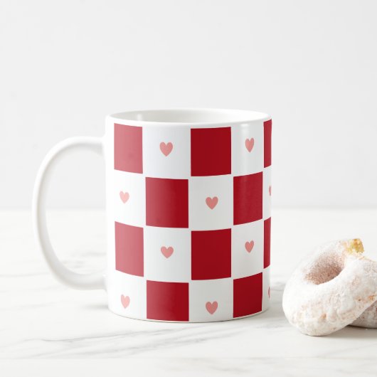 Red Checkered Love Mug コーヒーマグカップ (ドーナツ)