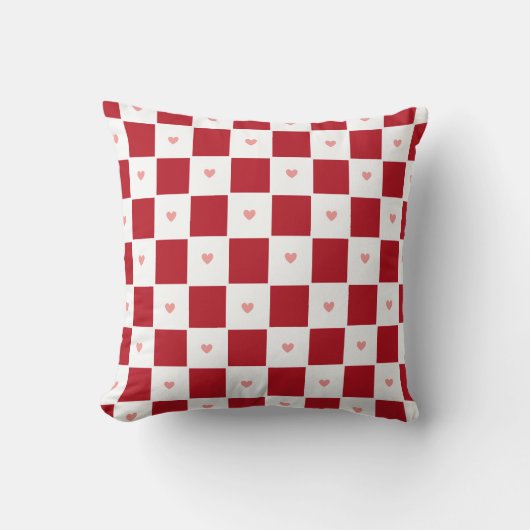 Red Checkered Love Throw Pillow クッション (正面)