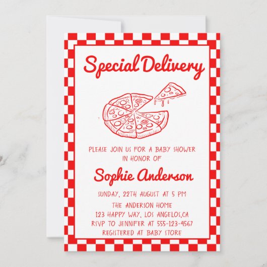 Red Checkered Special Delivery Pizza Baby Shower 招待状 (正面)