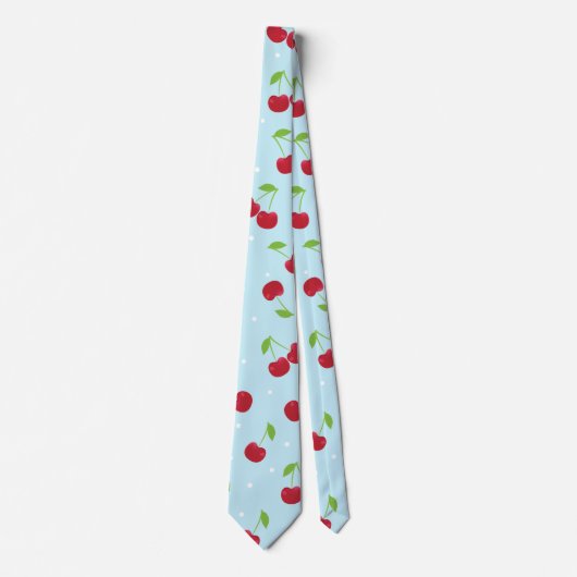 Red Cherries on Baby Blue Polka Dots ネクタイ (正面)
