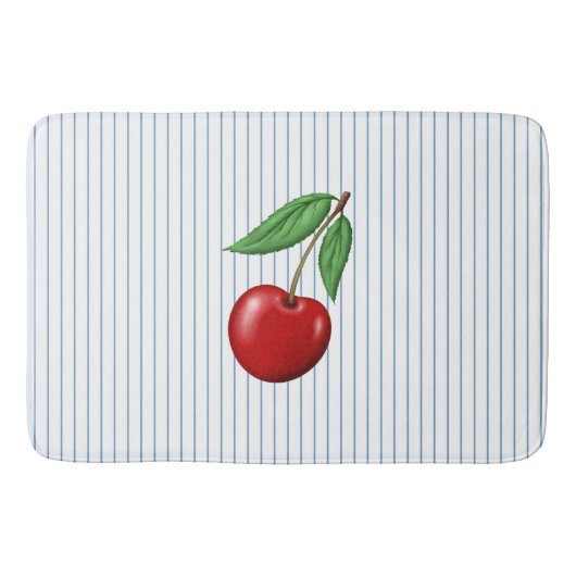 Red Cherries on Blue Stripes Pattern バスマット (正面)