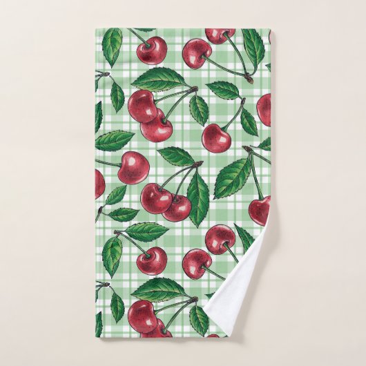 Red cherries on light green gingham バスタオルセット (ハンドタオル)
