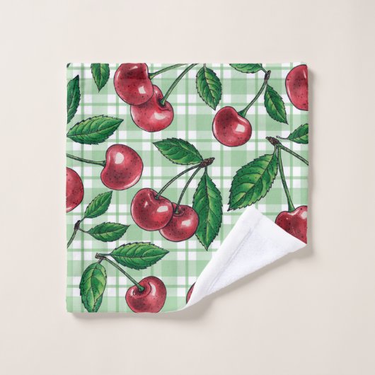 Red cherries on light green gingham バスタオルセット (ウォッシュタオル)