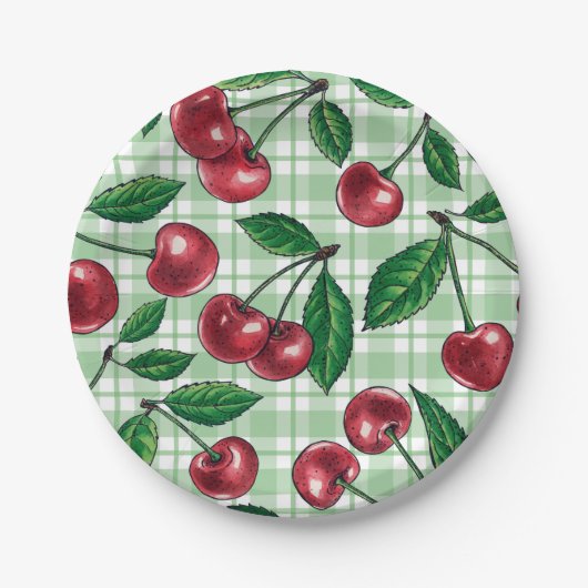 Red cherries on light green gingham ペーパープレート (正面)