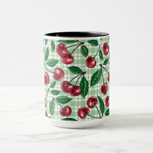 Red cherries on light green gingham マグカップ (中央)