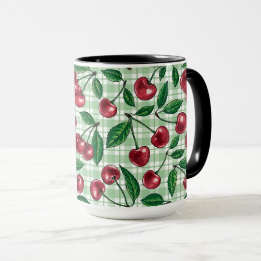Red cherries on light green gingham マグカップ (正面右)