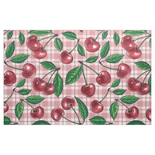 Red cherries on pink gingham ファブリック (ファットクウォーター)