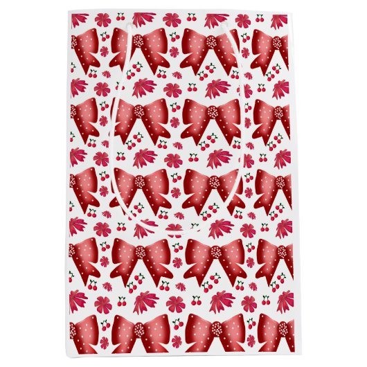 Red Cherry Bow Seamless Pattern Cute Coquette Gift ミディアムペーパーバッグ (正面)